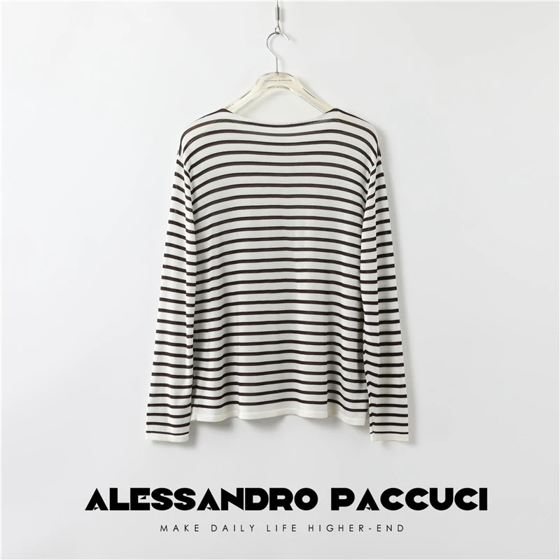 【孤品不退换】洛哥24651X桑蚕丝休闲圆领条纹舒适宽松T恤