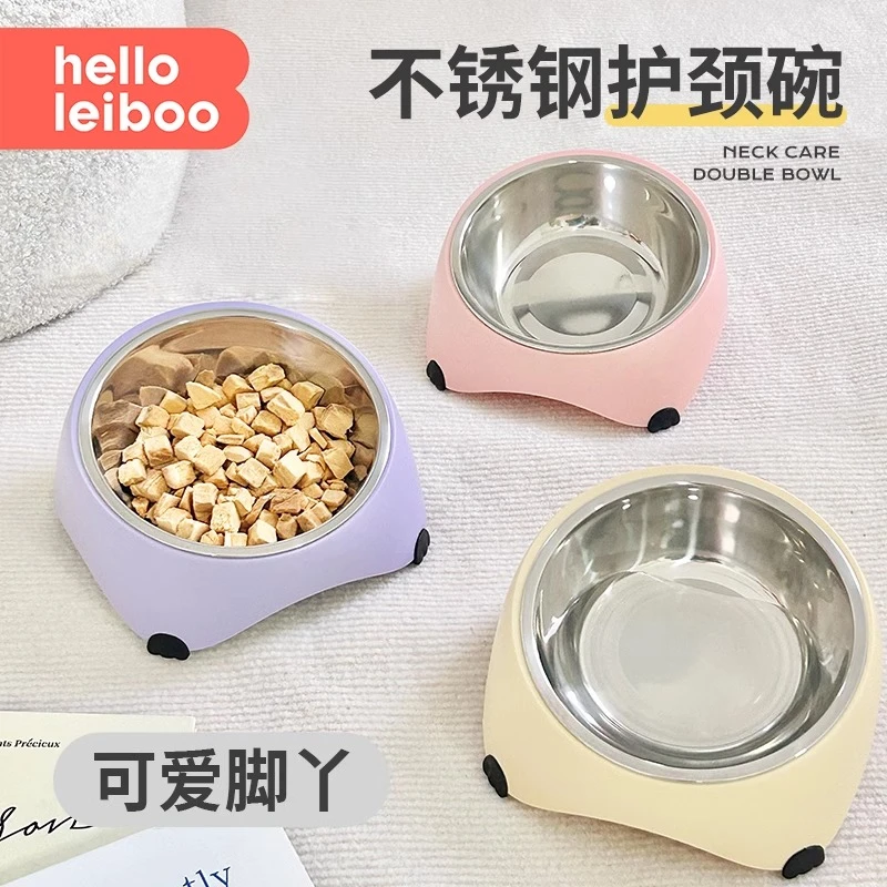 可爱猫碗猫食盆喝水猫粮保护颈椎不易打翻不锈钢防黑下巴大口径碗