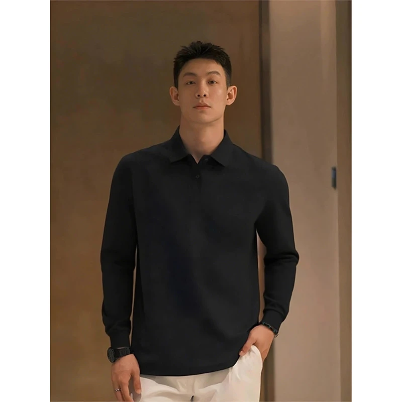 黑色少年感百搭polo衫男款秋季长袖T恤衫美式高街POLO衫长袖上衣