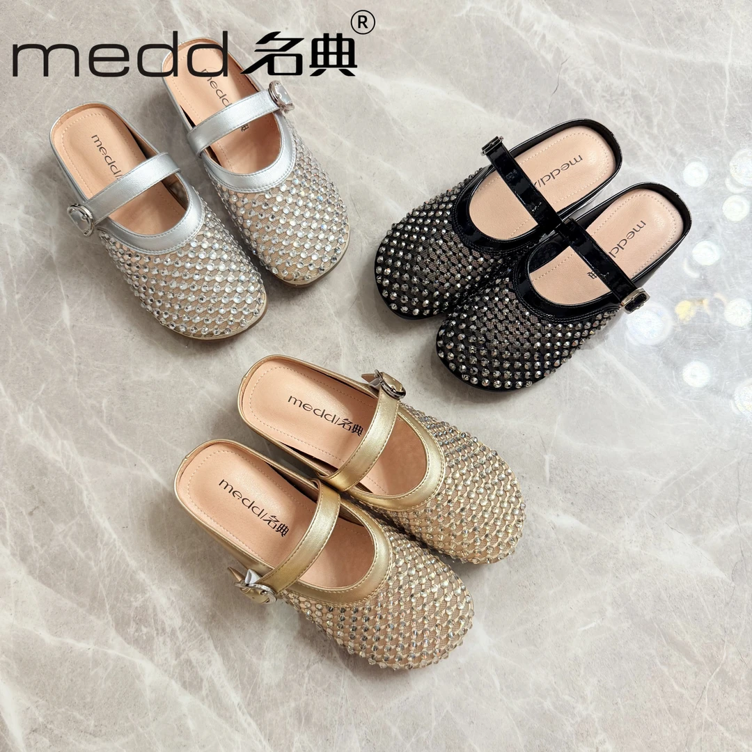 MEDD/名典包头凉鞋女2025春夏新款舒适网面水钻一脚蹬凉拖鞋软底