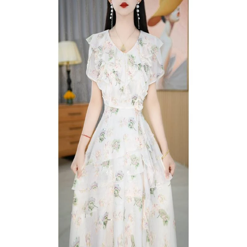 【连衣裙】夏季新款气质圆领减龄显瘦时尚花色中长款连衣裙M-4XL