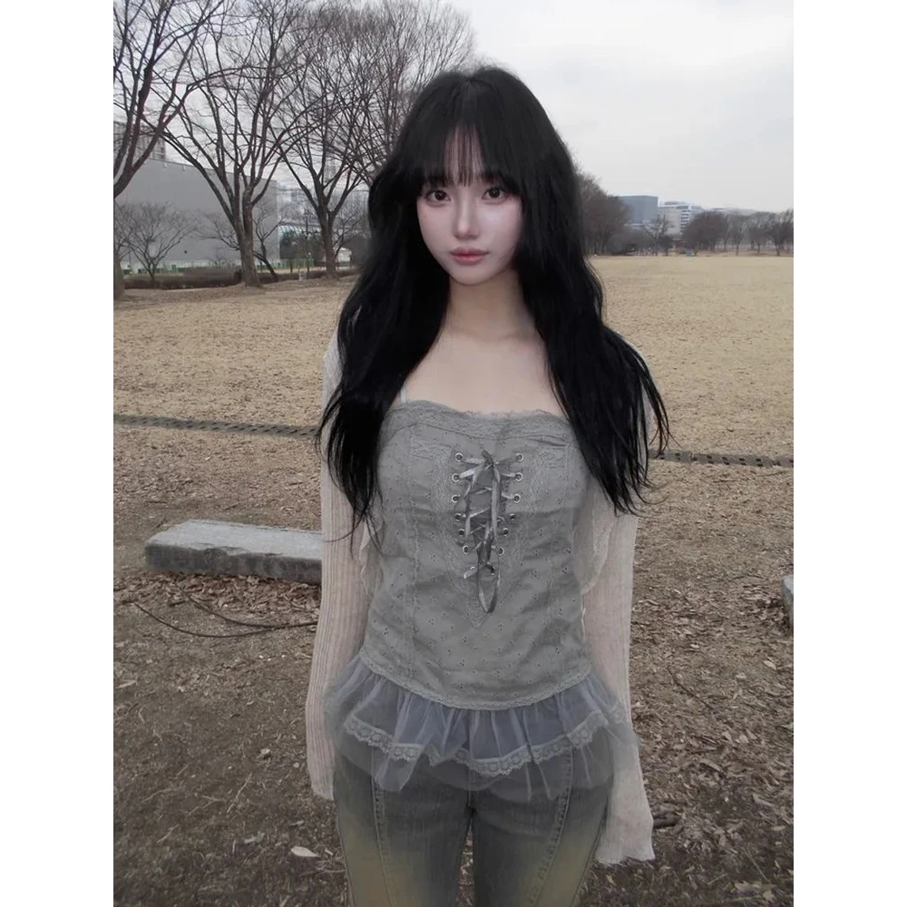 【YOUNG】设计感纯欲系带假两件拼接吊带背心针织开衫防晒两件套女
