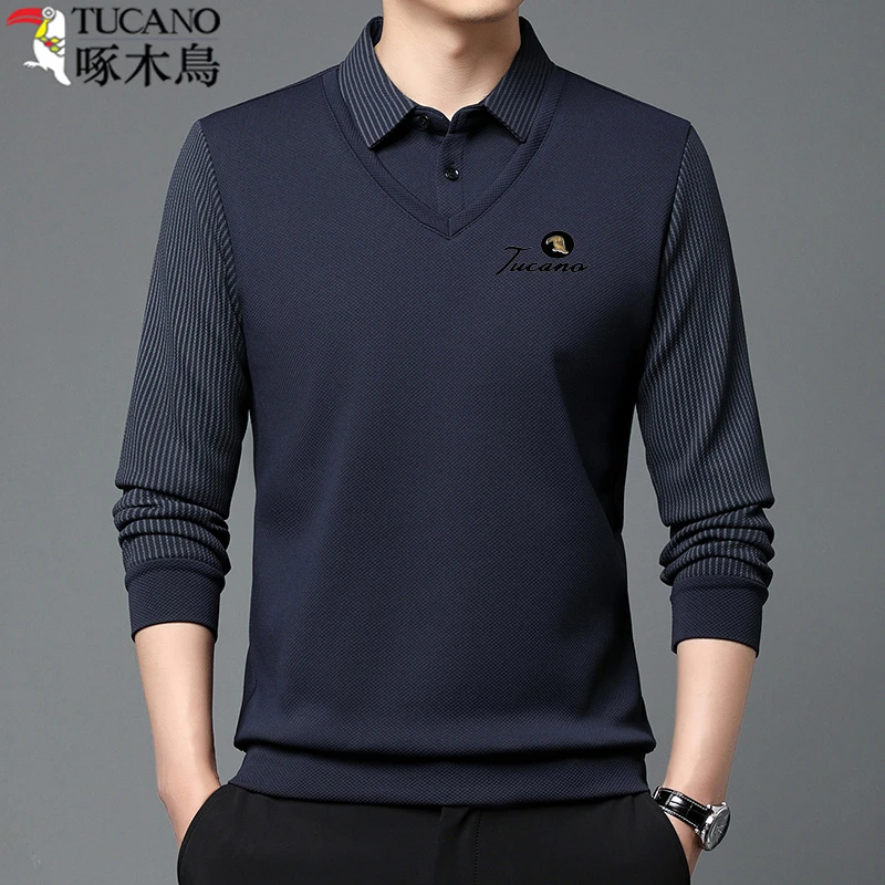 啄木鸟春季条纹假两件翻领卫衣商务休闲t恤中老年时尚长袖打底衫