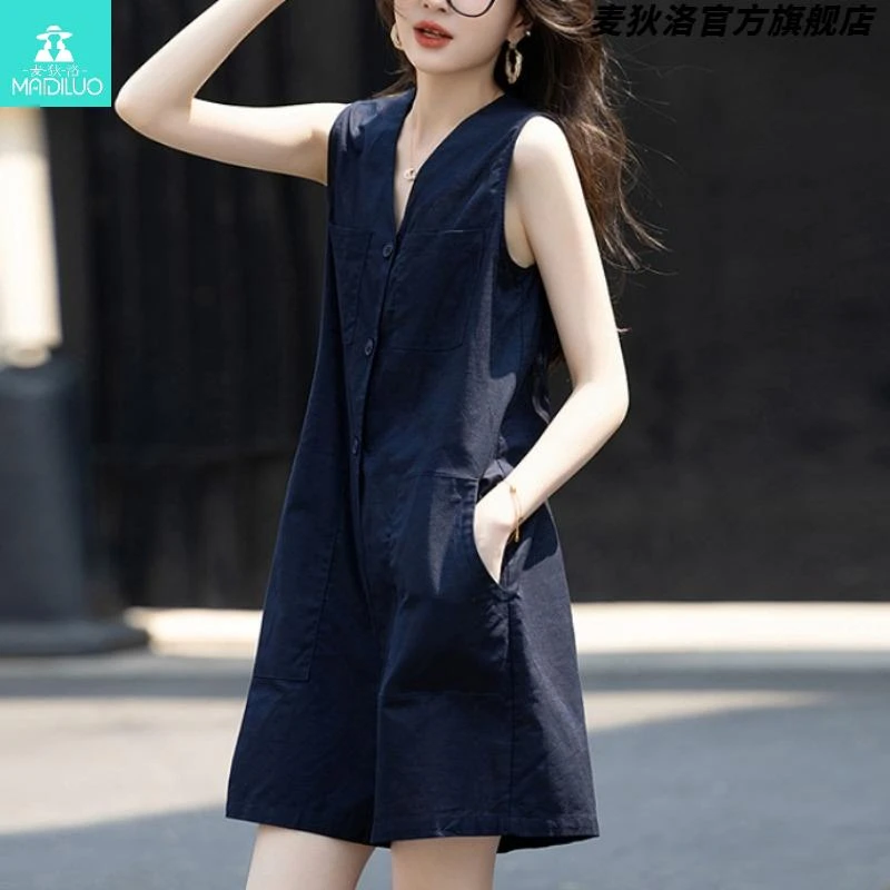 藏青色V领无袖背心连体裤女夏新款时尚高级感宽松显瘦休闲连衣裤