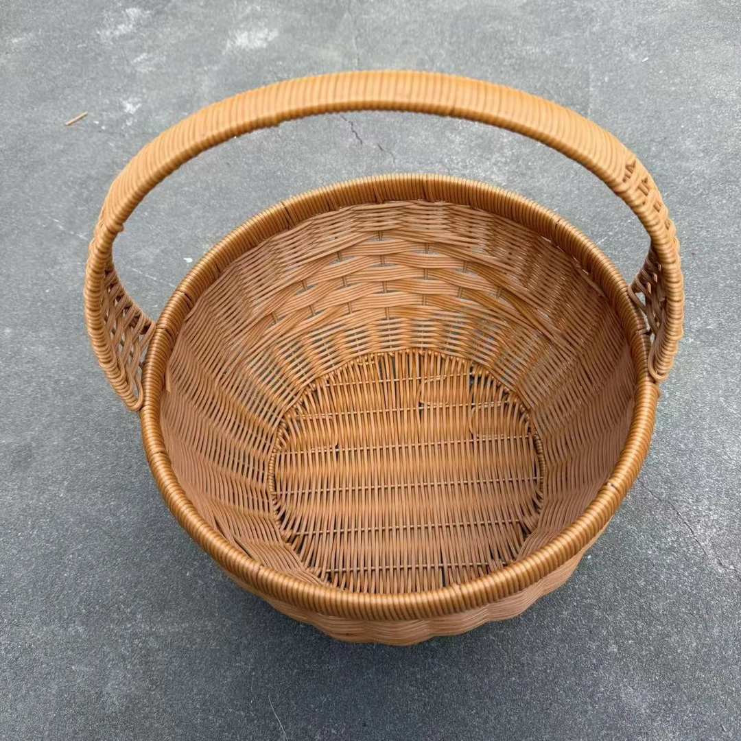 J99棕色圆形单提手简约轻奢风野餐篮纯手工编织