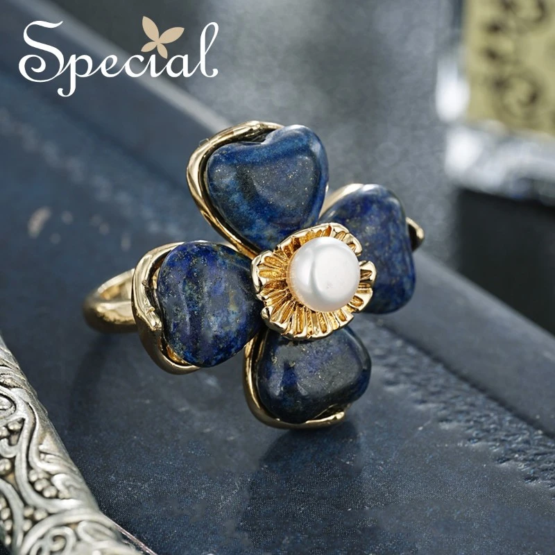 special 淡水珍珠青金石设计时尚花朵小众精致女士戒指 蓝色恋曲