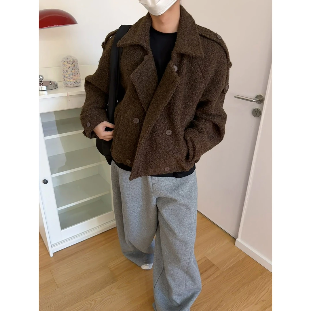 19studio WAYNEPRINCE美式复古翻领毛绒夹克外套双排扣短款上衣男