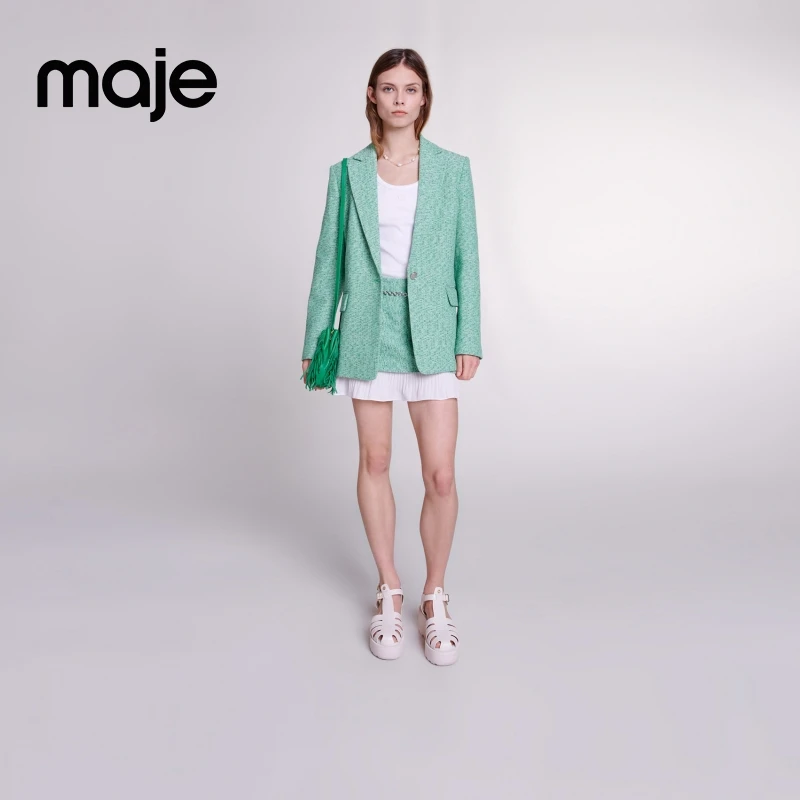 Maje秋冬薄荷曼波通勤一粒扣绿色花呢西装西服外套上衣MFPVE00537