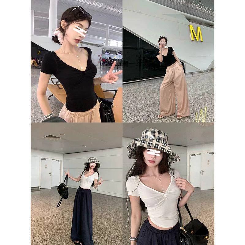 Moses Queen/魔西女王扭结性感V领短袖T恤修身气质一字肩短款上衣