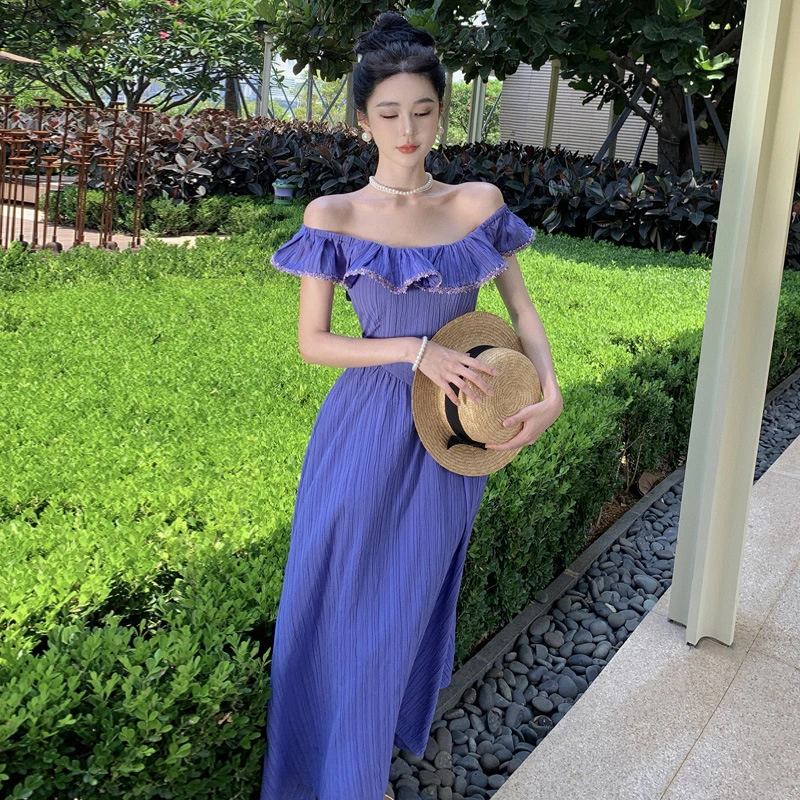 2025气质实拍现货法式度假裙长款连衣裙显瘦夏蓝色越南小众连衣裙