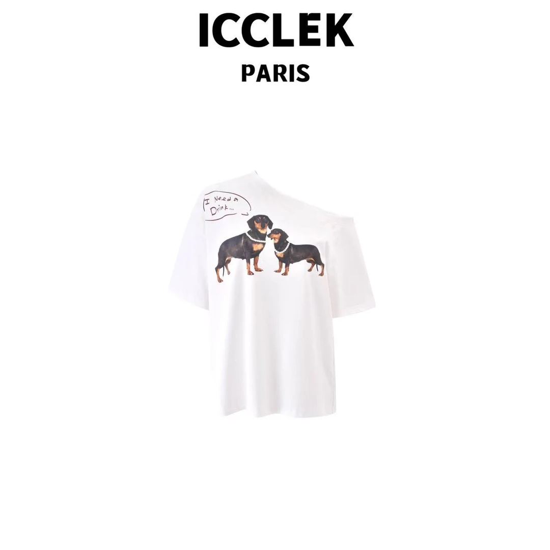 斜肩腊肠狗百搭休闲短袖上衣女夏宽松休闲设计感小众T恤  -  1205