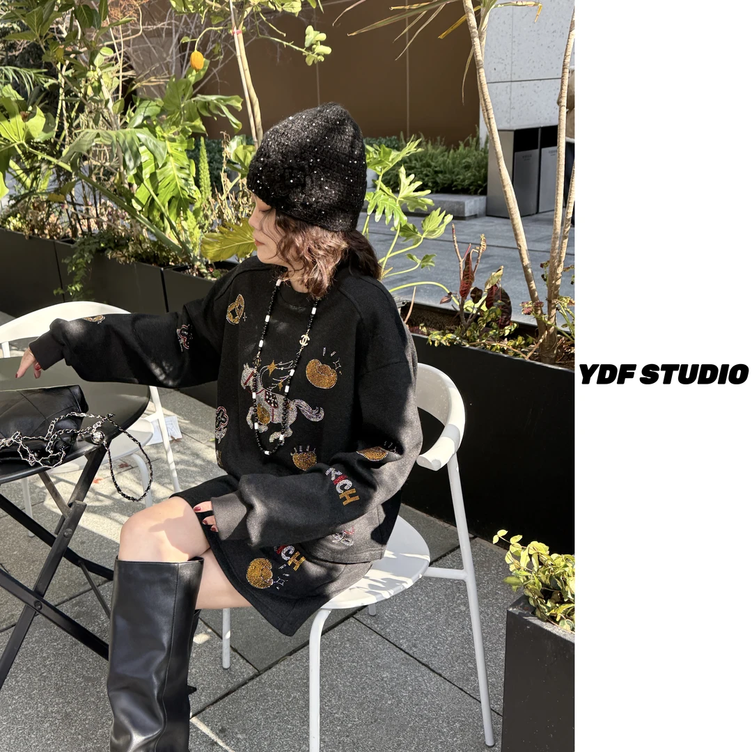 YDFSTUDIO小众【以梦为马】欧货重工烫钻设计百搭上衣+半身裙套装