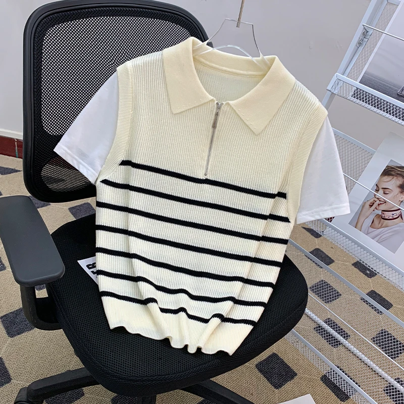 韩版条纹拉链Polo领针织衫马甲拼接短袖假两件撞色显瘦上衣