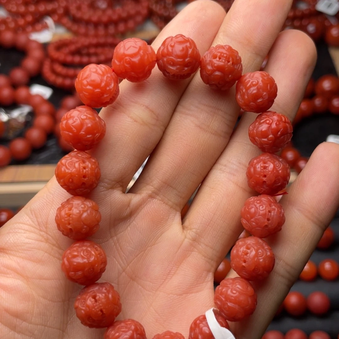 南红玛瑙未镶嵌手串H11.5mm收藏保山满红满肉柿子红貔貅手串