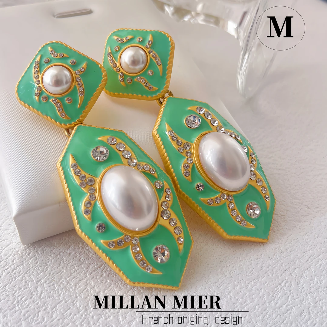 MillanMier 铜合金仿珍珠耳饰 【绿沙滩】法式原创设计复古气质耳环