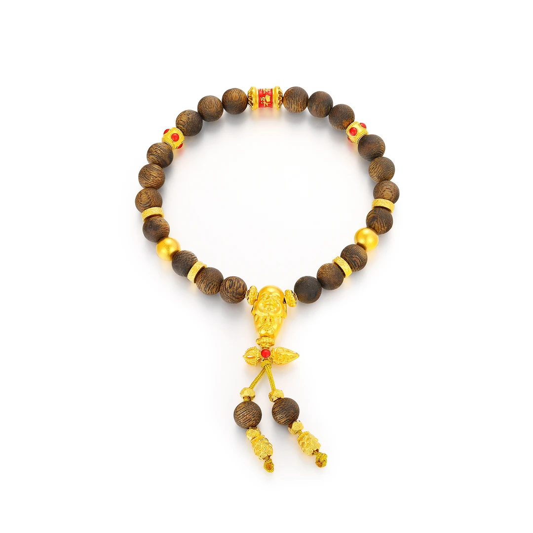 (九梵山海金)足金古法守护神弥勒佛鎏彩沉香金木珠串 黄金手串