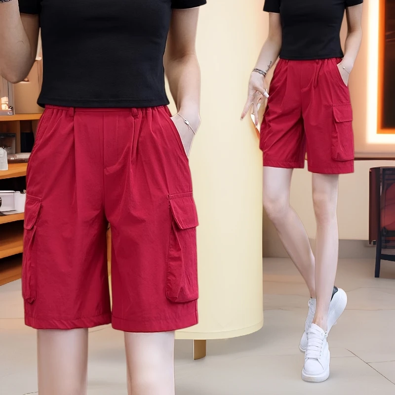 美式工装短裤女夏季薄款2024新款高腰阔腿五分裤冰丝速干运动裤子