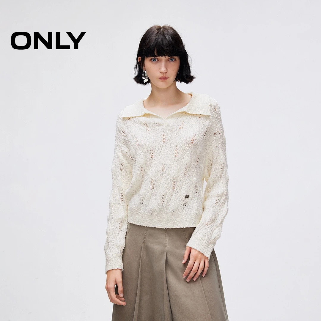 ONLY2025冬季新款老钱风polo立体绞花镂空慵懒针织衫女|125413047