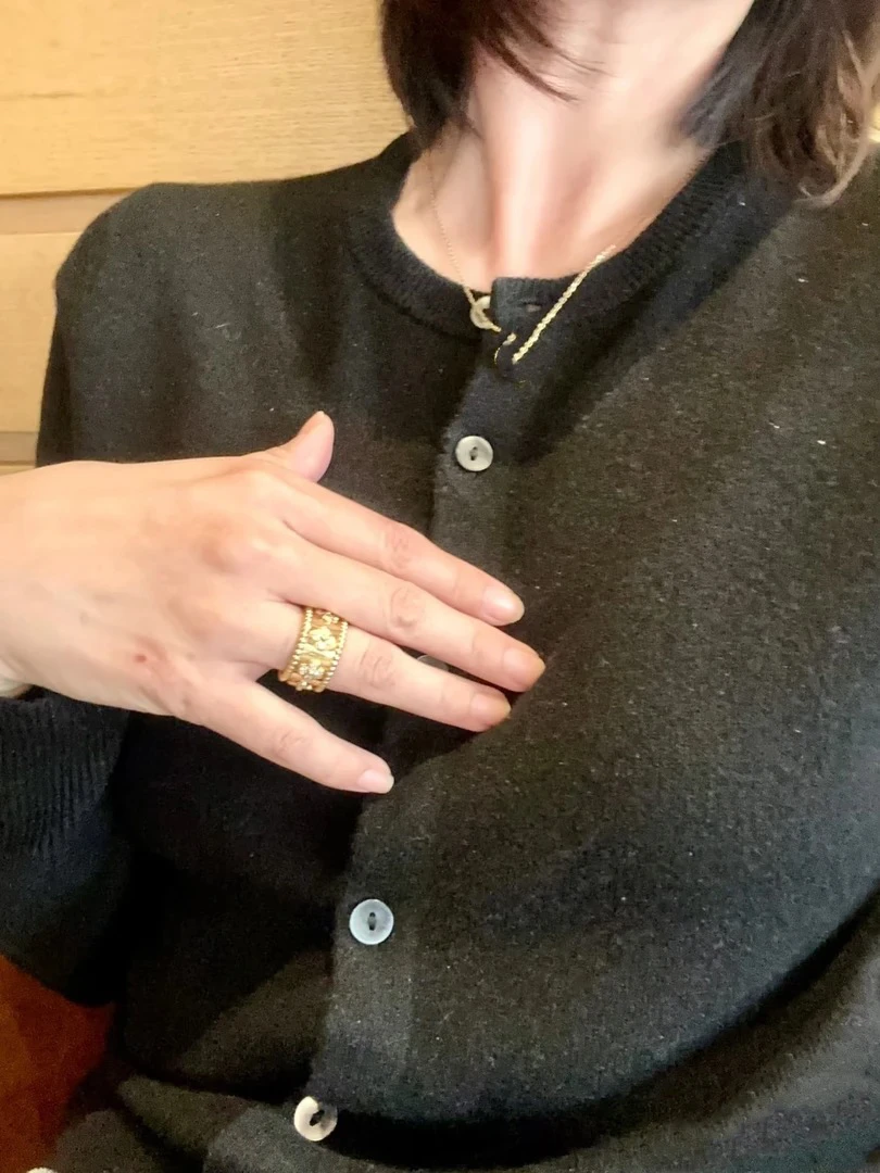 铜合金戒指 时尚宽版戒指四叶草镶钻金边珠食指情侣指环潮