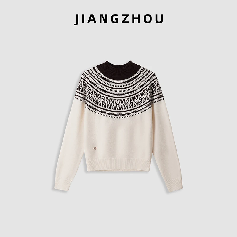 江洲【云间】秋冬新款费尔岛提花设计款插肩半高领套头绒感羊毛毛衣