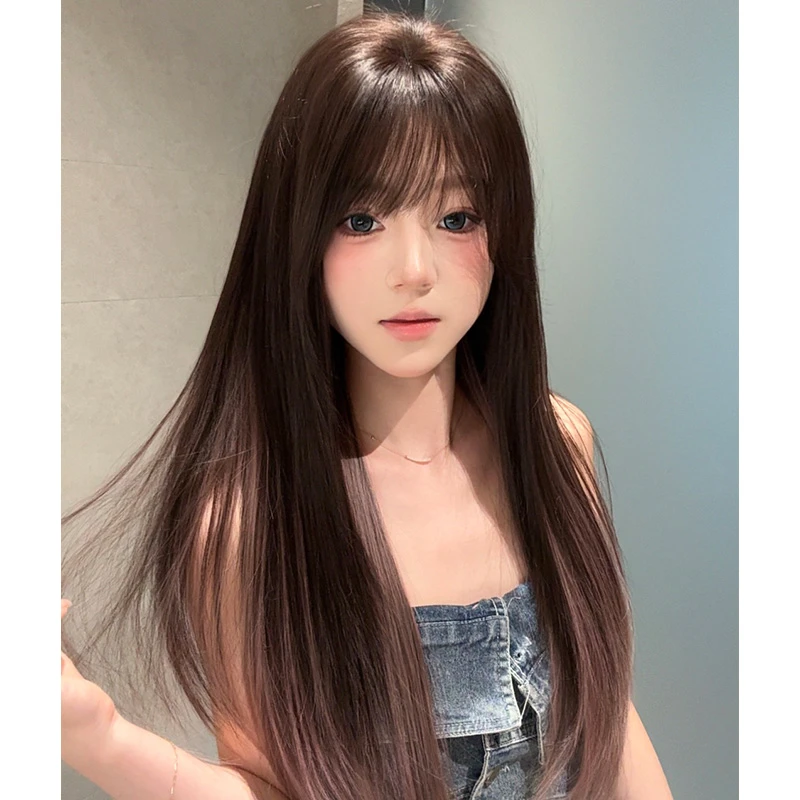 【海派甜心】假发女甜酷黑棕薄藤挂耳染长直发女款自然氛围感全头套