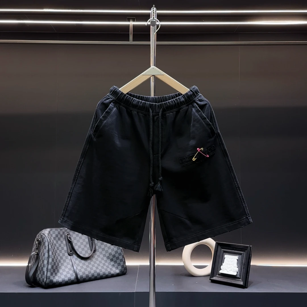 简约复古做旧休闲百搭破洞磨毛设计字母刺绣夏季松紧腰宽松短裤