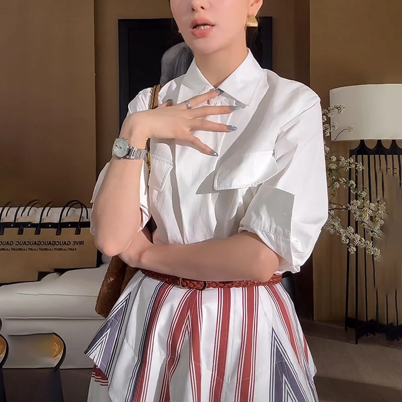 白色翻领衬衫女2025夏季新款时尚减龄宽松休闲高级感短袖气质上衣