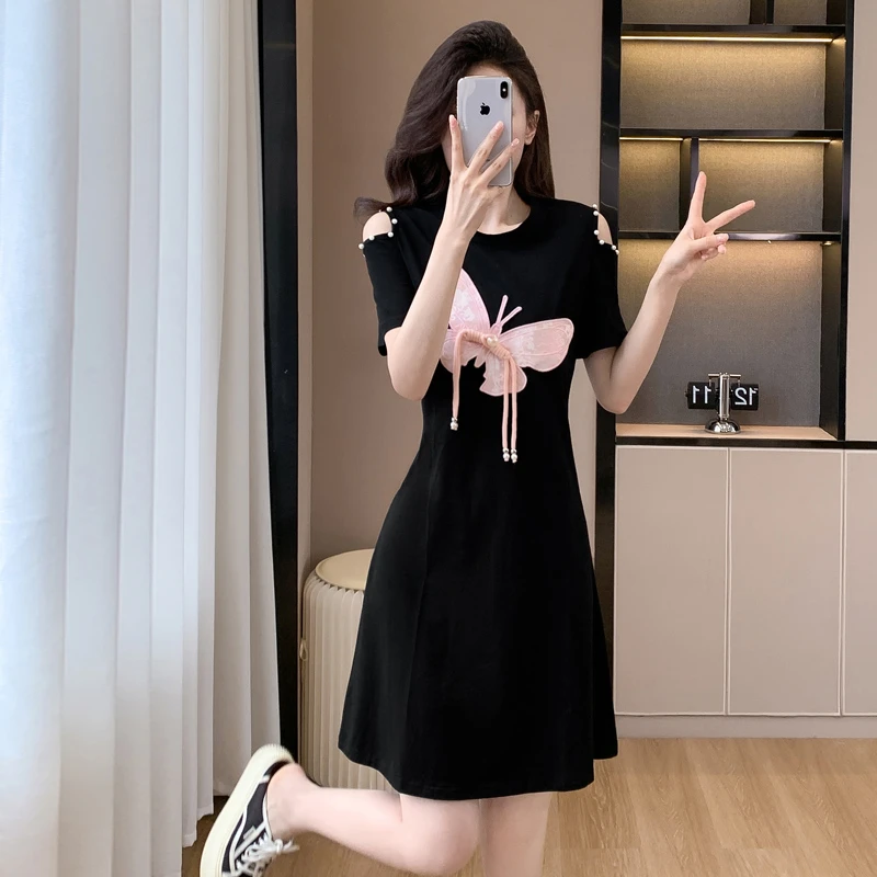 大码女装2025夏新款时尚复古气质女休闲短袖修身中长款连衣裙