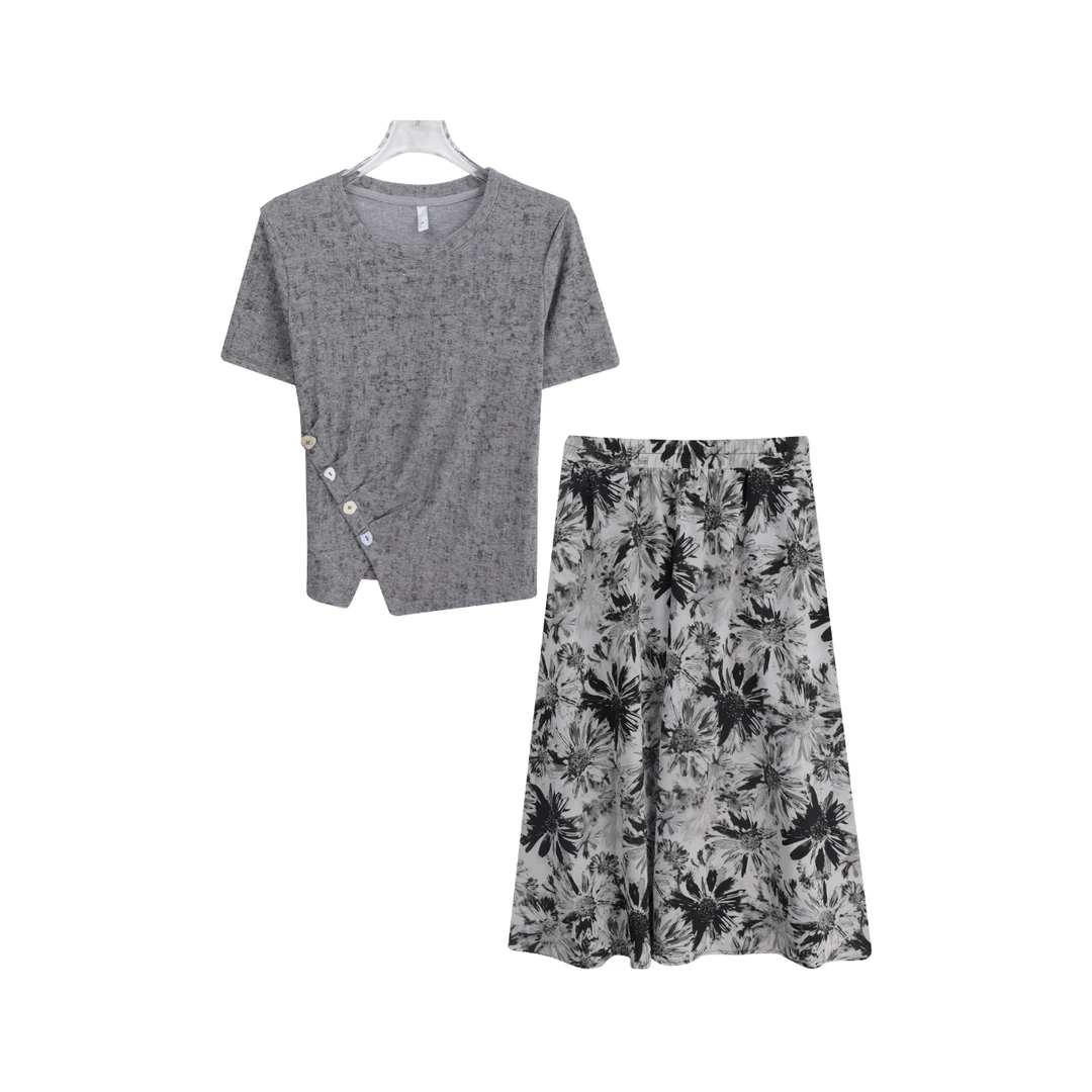 高端时尚休闲碎花半身裙圆领短袖T恤套装A14633