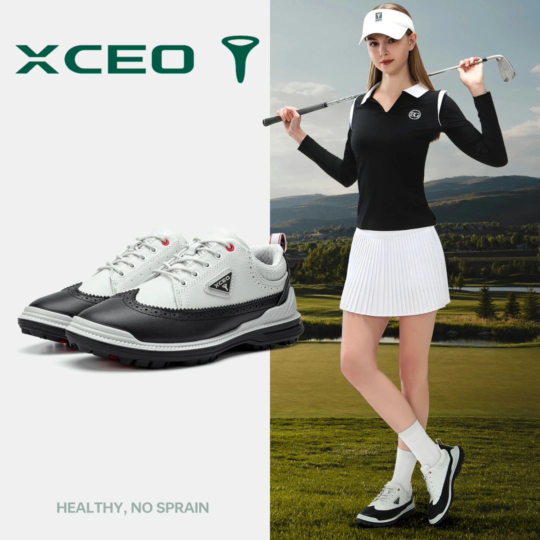 XCEO/芯鹰故宫女款真皮黑白色旋运动钮鞋golf防水防滑高尔夫球鞋