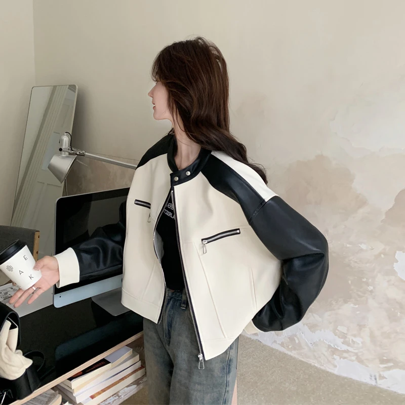 黑白撞色皮衣外套女2025春秋新款小众韩系设计感甜酷风经典款夹克