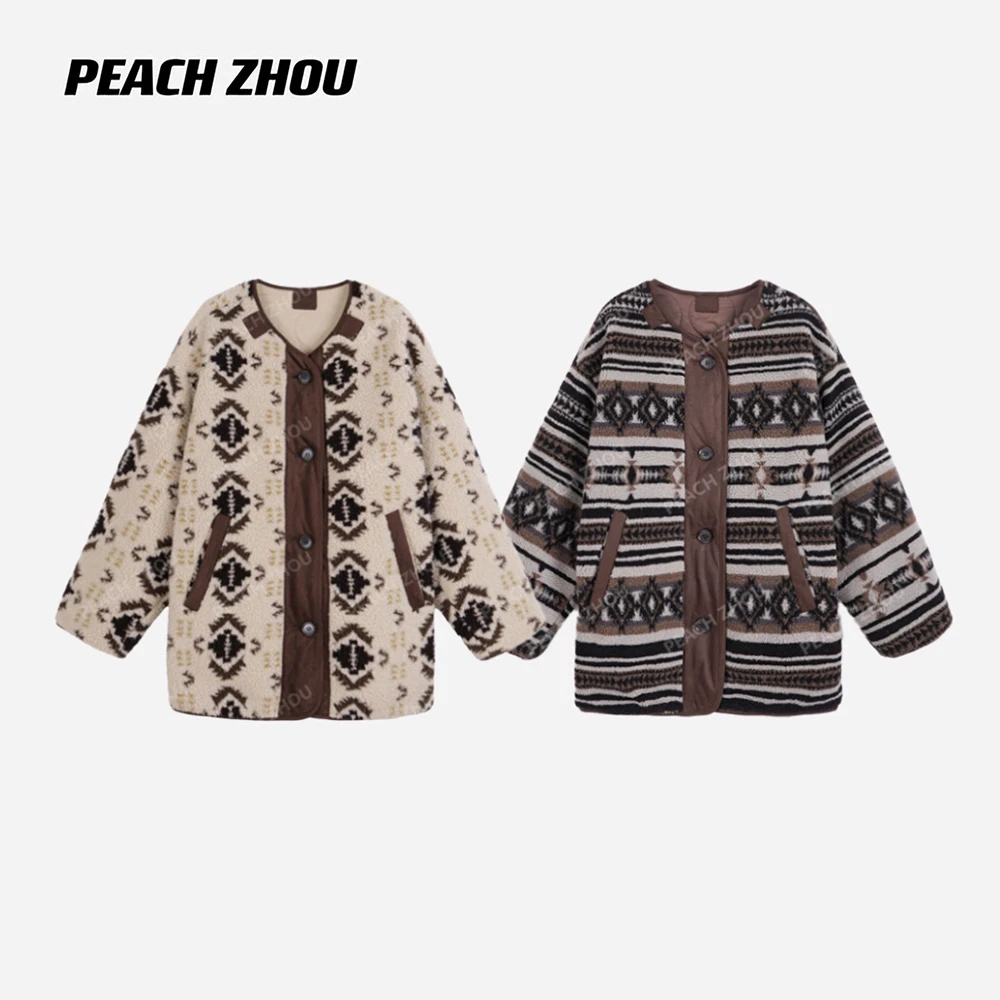 『PEACHZHOU』双面穿费尔岛宽松圆领系扣夹棉外套复古休闲保暖棉服