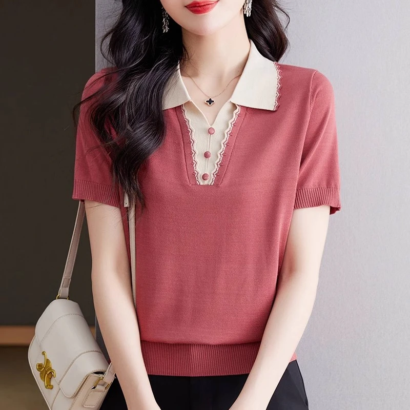 2025夏季新款短袖T恤时尚洋气POLO领针织衫气质显瘦上衣冰丝小衫