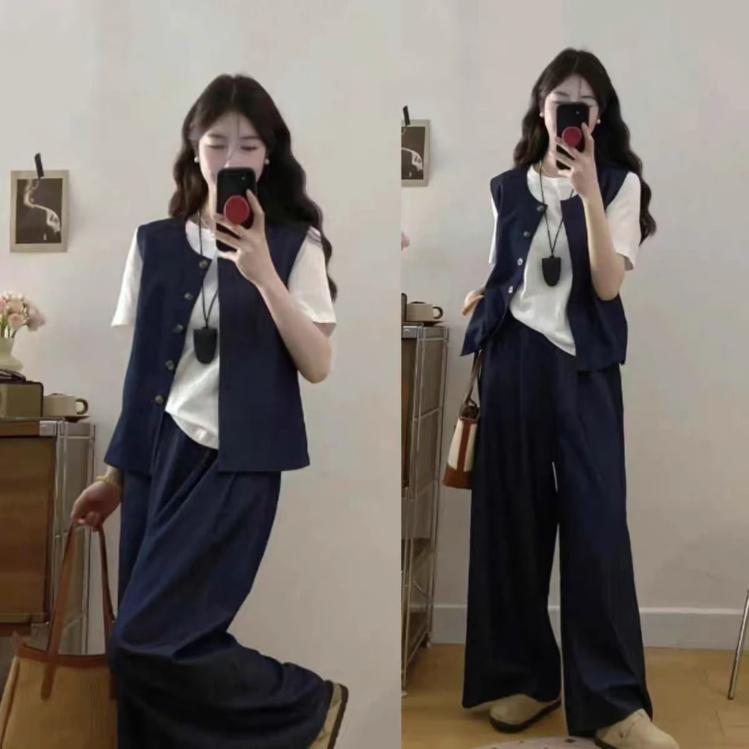 高级感复古牛仔马甲短袖T恤阔腿裤三件套女夏季大码时尚显瘦套装