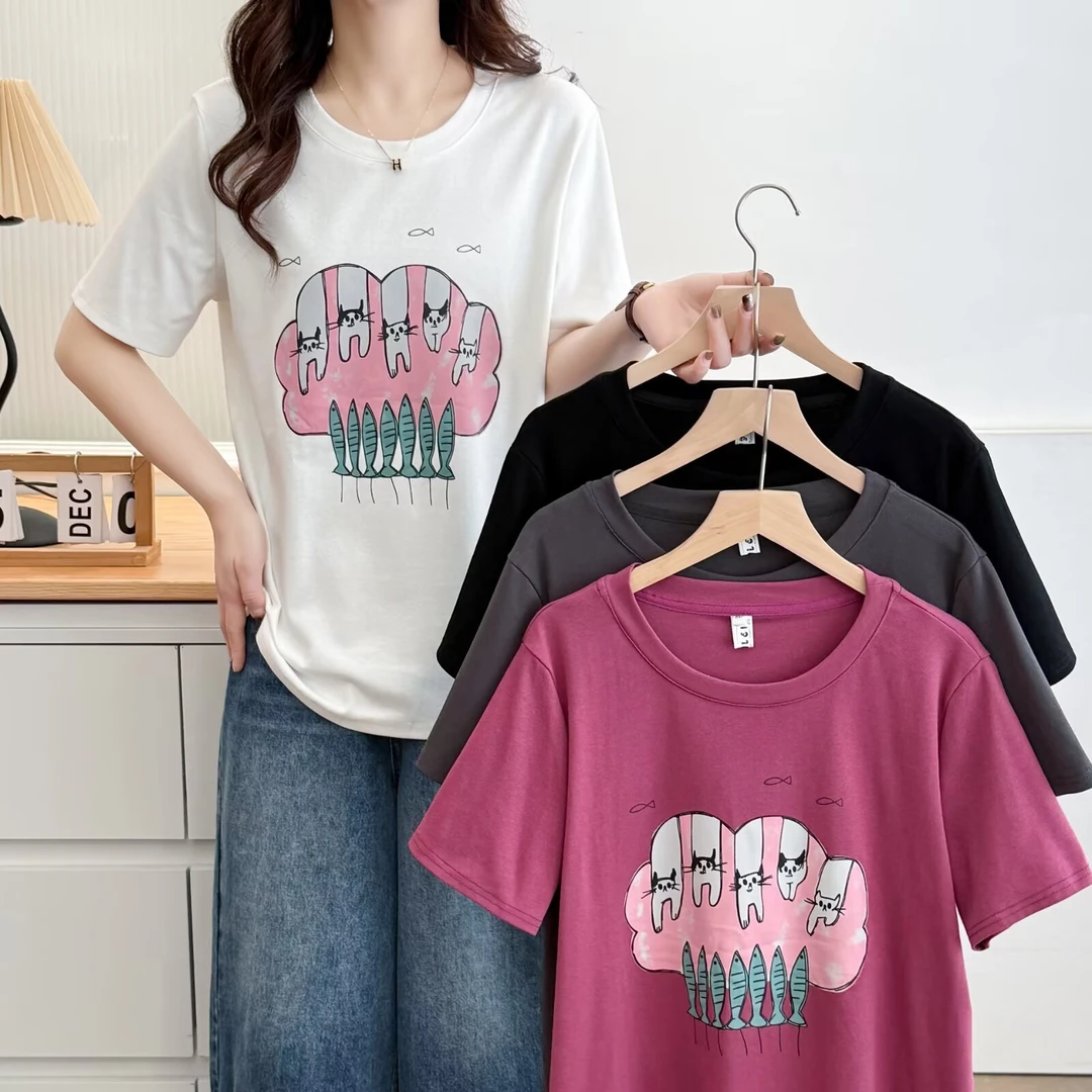 大码胖mm时尚百搭显瘦减龄印花短袖T恤女夏季设计感韩版宽松上衣