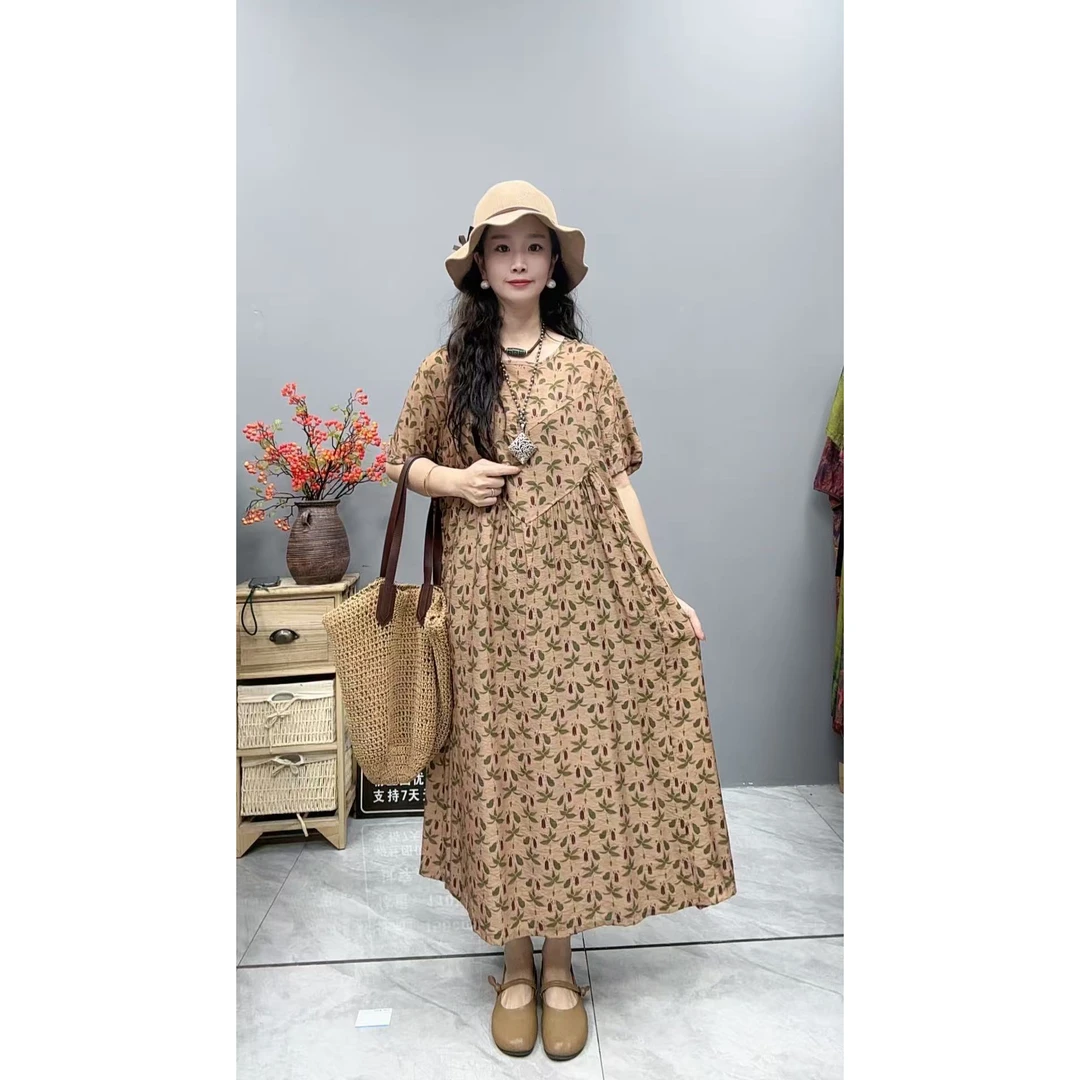 5259夏季新款显瘦气质时尚女百搭休闲文艺复古印花洋气宽松连衣裙