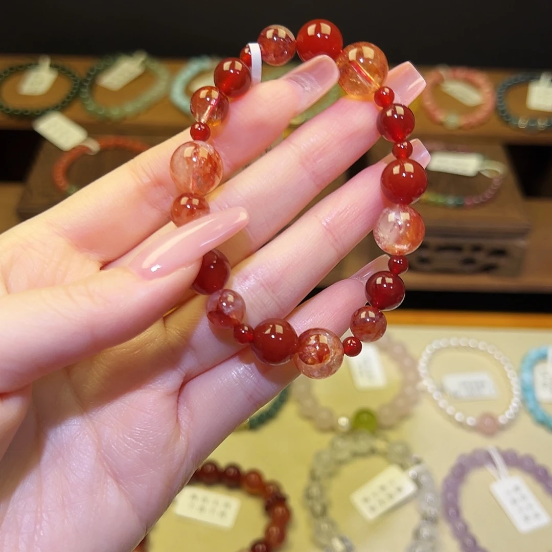水晶手串银S925镀金镶嵌红1465