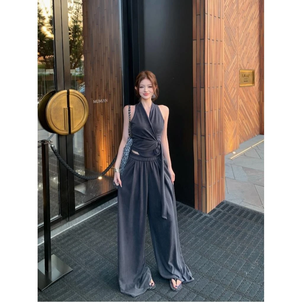 休闲套装绑带修身气质无袖背心上衣女夏季高腰阔腿长裤灰色两件套