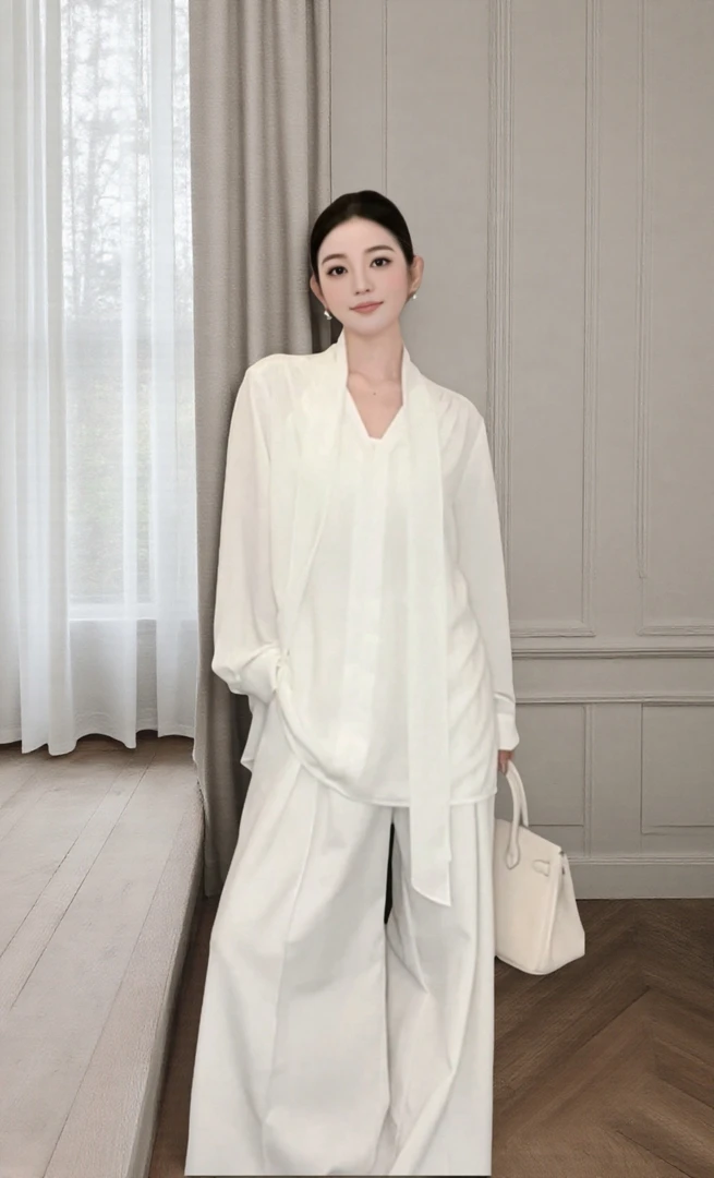 YIYI STUDIO白色v领飘带衬衫女装夏季薄款设计感小众中长款上衣