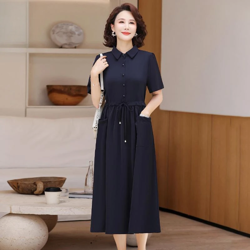 恒源祥彩羊中年妈妈装夏季洋气减龄连衣裙新款中老年女装遮肚显瘦