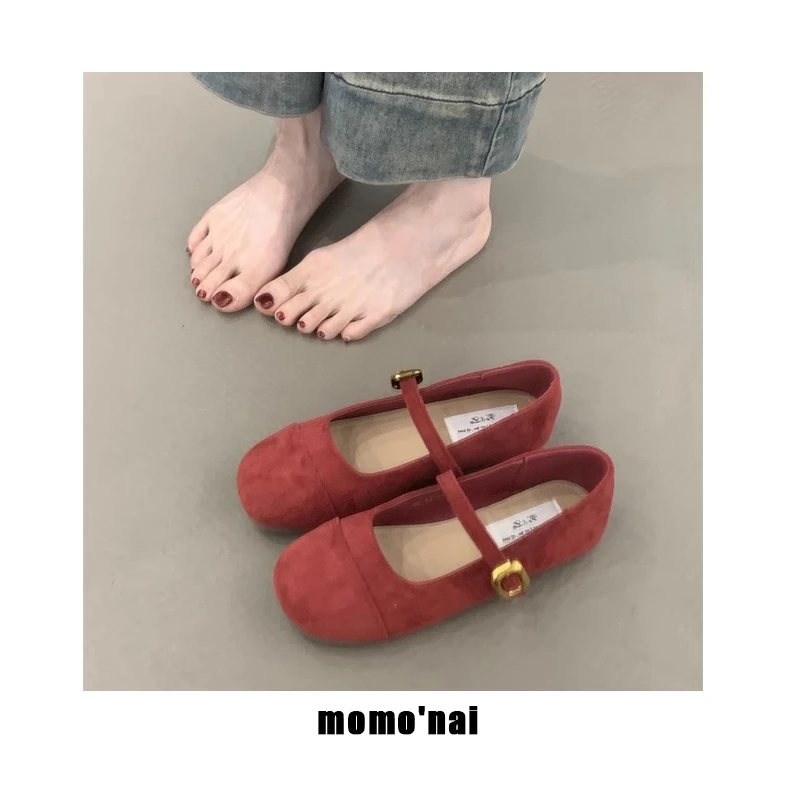 momo'nai 玛丽珍女鞋方头仙女复古法式磨砂法式平底秋款新款单鞋