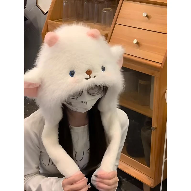 新款卡通小羊加绒加厚毛线帽子女保暖捏捏耳朵会动护耳帽防寒帽子