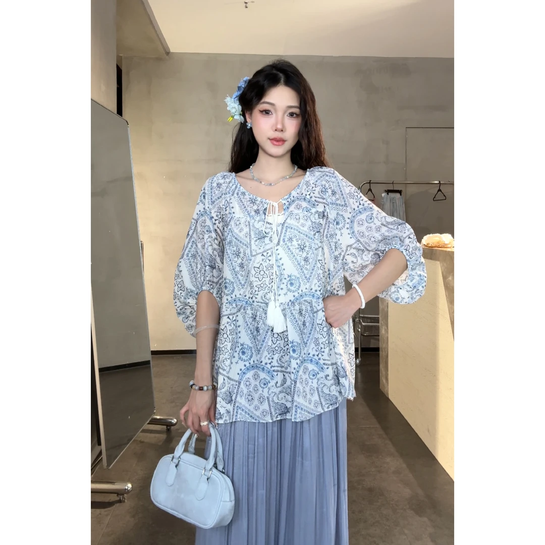 夏季新款艺术感蓝色宽松显瘦小衫（Z20777）