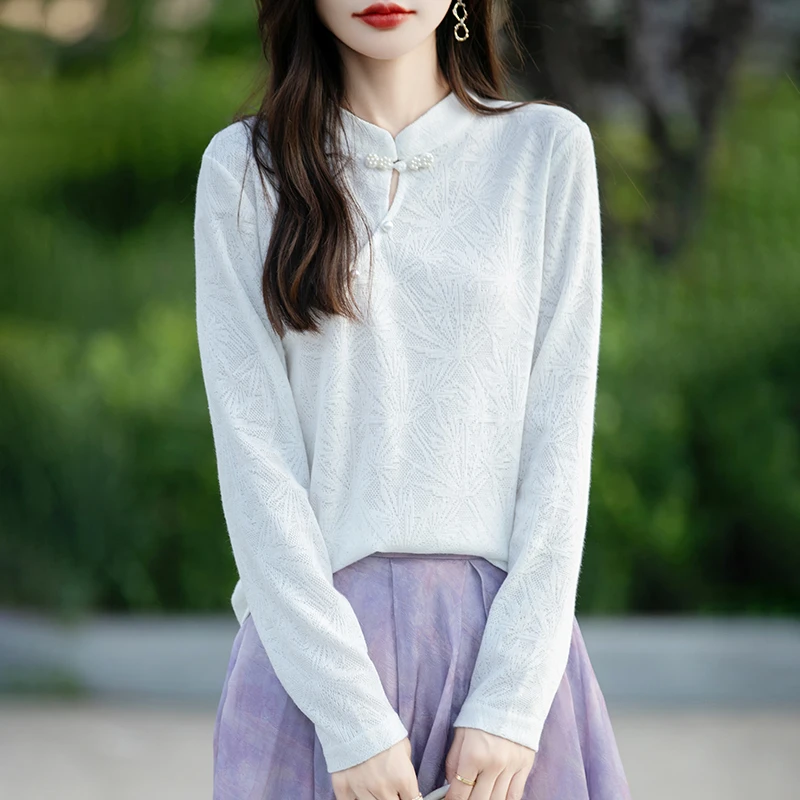 K40 新中式斜襟立领盘扣针织衫女时尚国风提花宽松百搭打底上衣