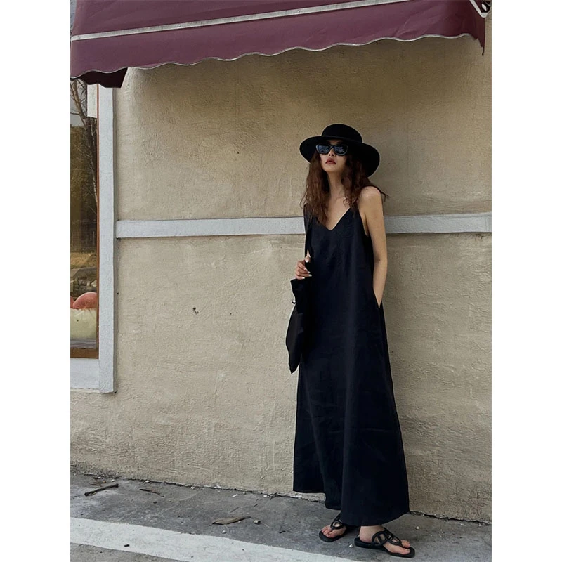 韩国东大门秋夏复古简约V领纯色系带收腰显瘦无袖背心吊带连衣裙