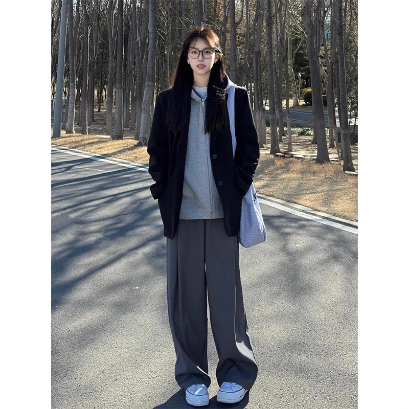 黑色正肩西装外套女2025春秋季新款小个子设计感宽松气质西装女