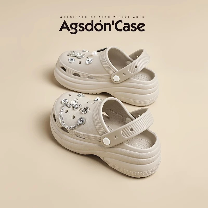 奥古狮登防滑洞洞鞋女2025新款夏季外穿透气厚底增高两穿凉拖鞋H