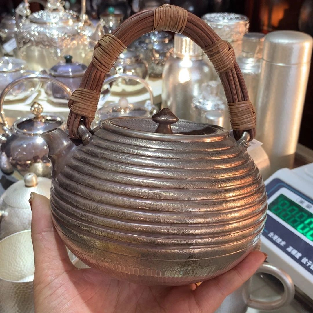 足银999螺旋纹藤提梁烧水壶1000容量