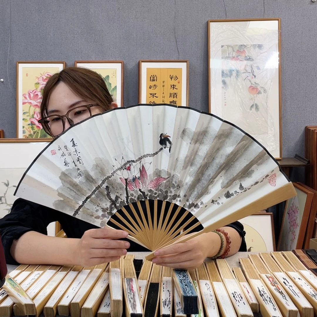 国画10寸玉竹-纯手绘-文玩扇骨（默认粘好）