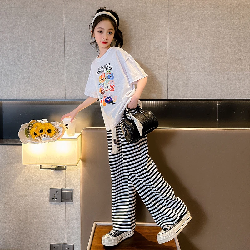 新款夏季条纹女童薄款套装女童阔腿宽松版两件套中大童夏装韩版